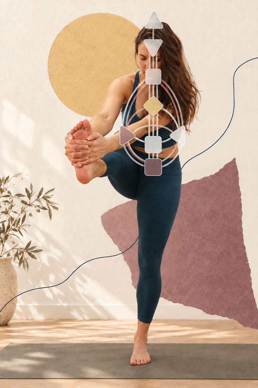 Clara balancing in a yoga pose with a soft Human Design chart layered over her body