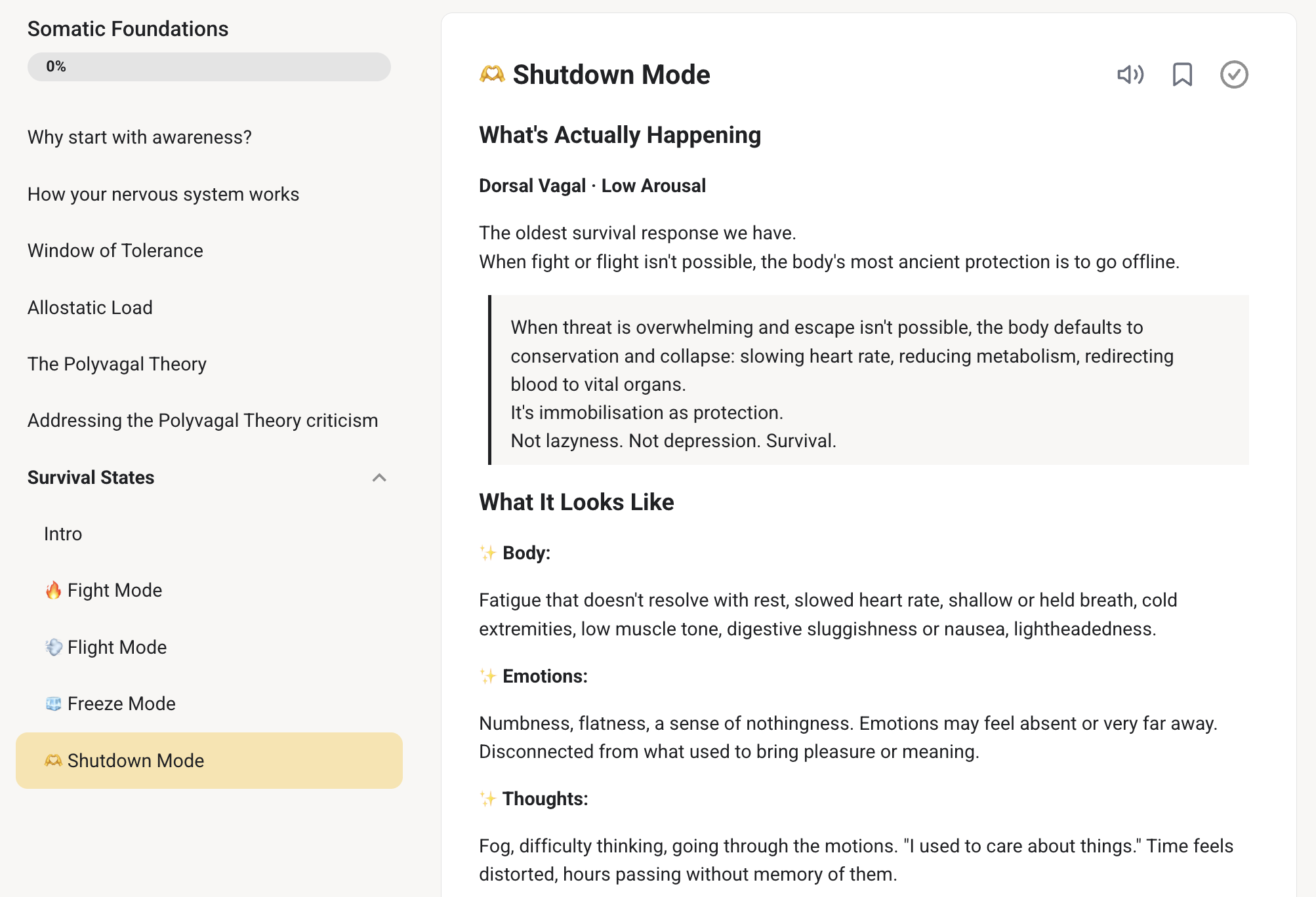 A Somatic Foundations lesson explaining shutdown mode