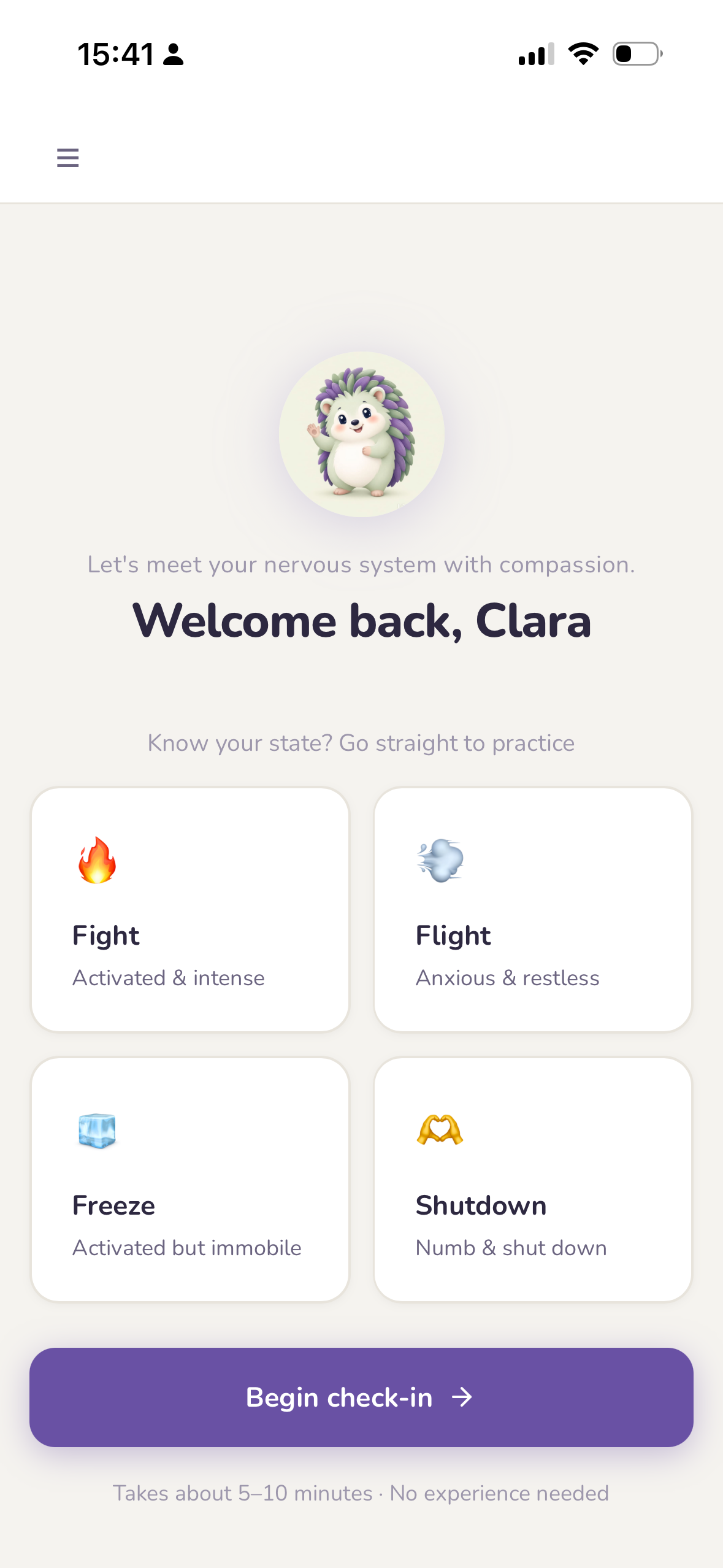 Somatic Pause check-in screen with nervous system state options