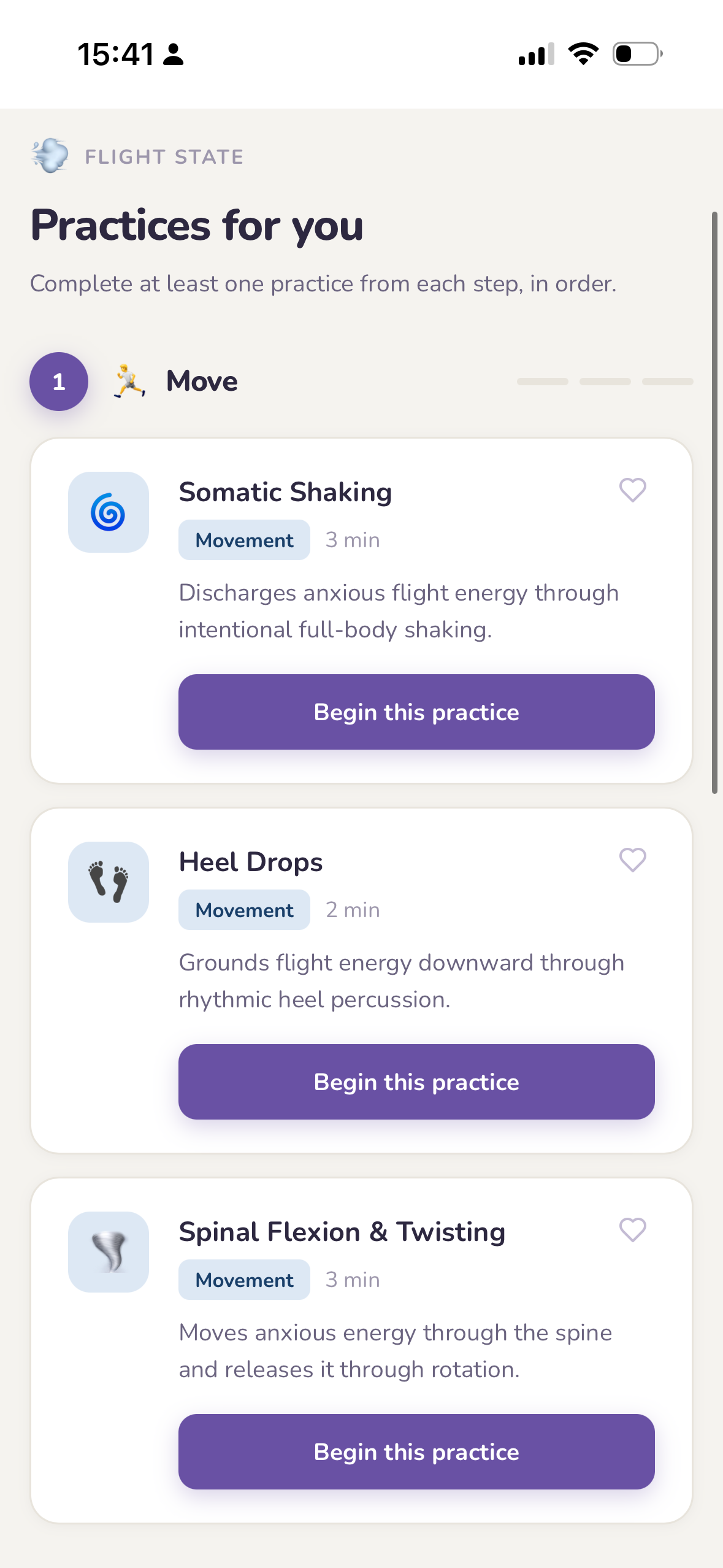 Somatic Pause practice screen with movement exercises